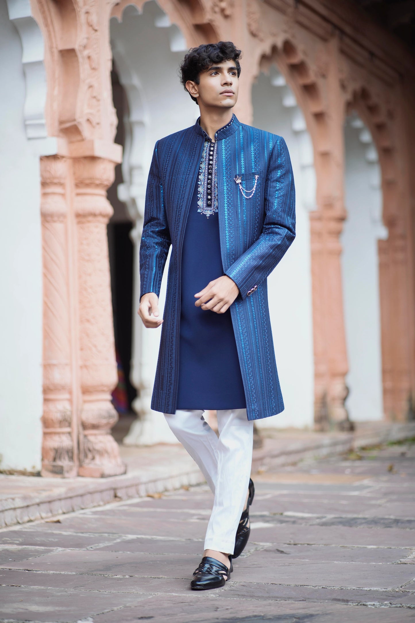 Indigo Blue Indowestern Set Featuring Long Jacquard Jacket with Resham Detailing