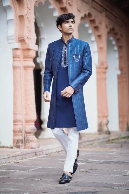Indigo Blue Indowestern Set Featuring Long Jacquard Jacket with Resham Detailing