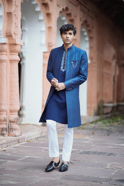 Indigo Blue Indowestern Set Featuring Long Jacquard Jacket with Resham Detailing