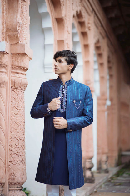 Indigo Blue Indowestern Set Featuring Long Jacquard Jacket with Resham Detailing