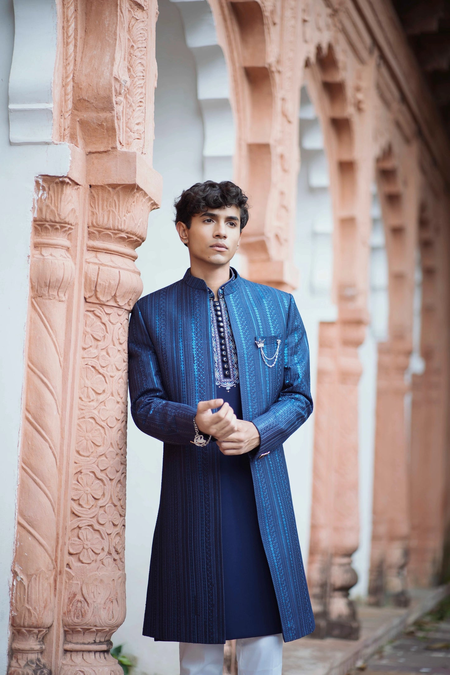 Indigo Blue Indowestern Set Featuring Long Jacquard Jacket with Resham Detailing