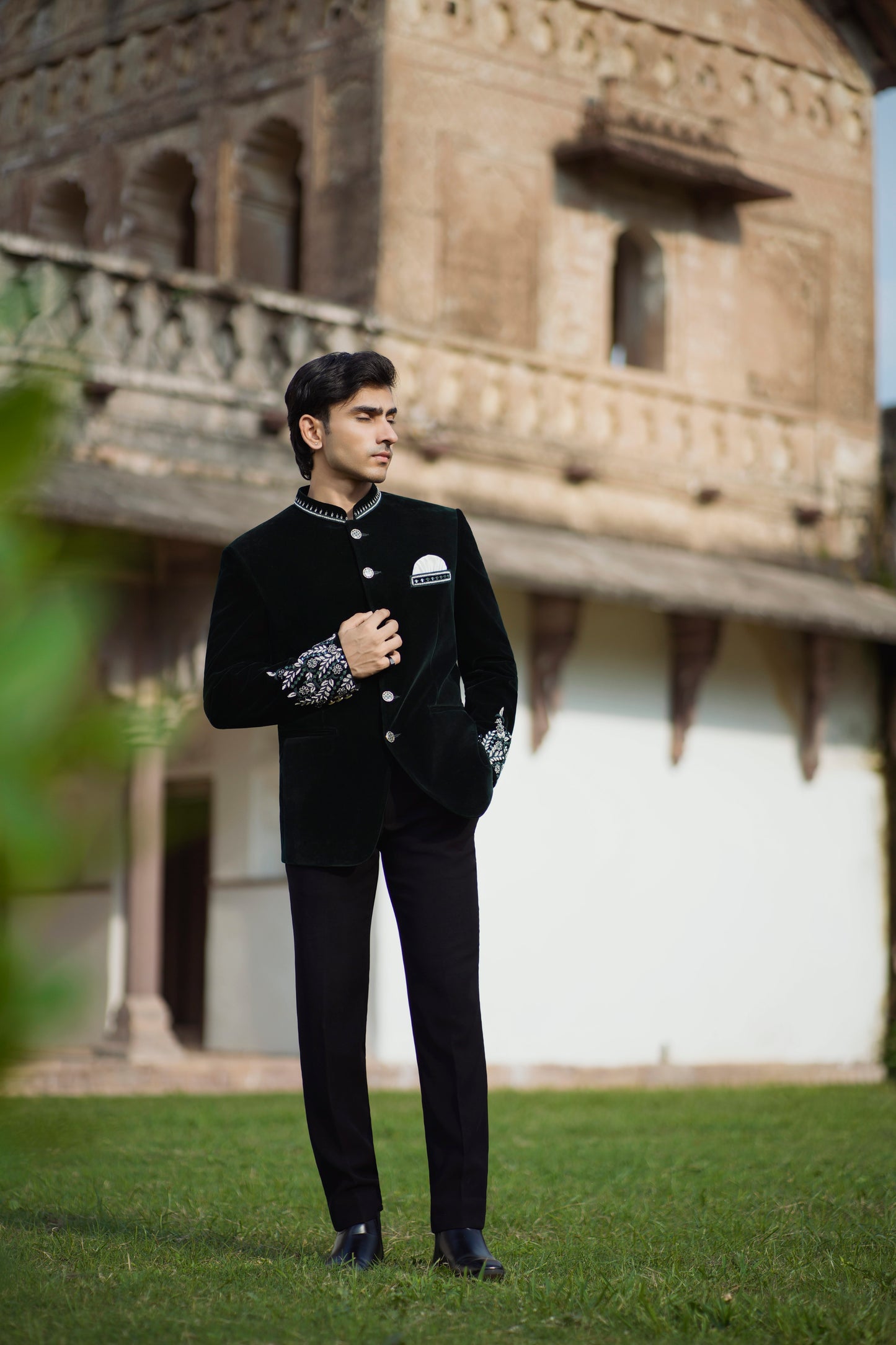 Bottle Green Velvet Embroidered Jodhpuri with Cutdana Work, Paired with Korean Pants