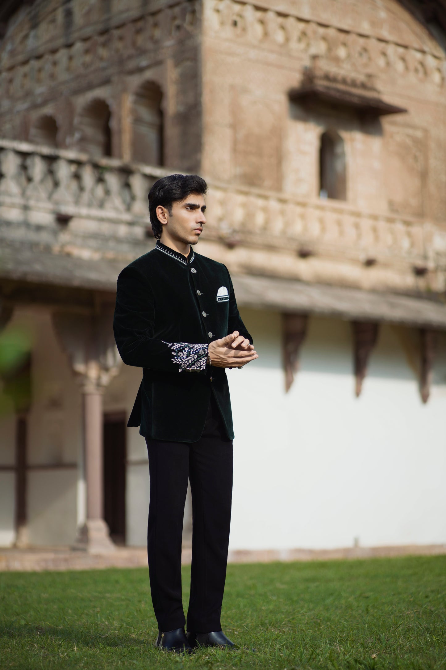 Bottle Green Velvet Embroidered Jodhpuri with Cutdana Work, Paired with Korean Pants