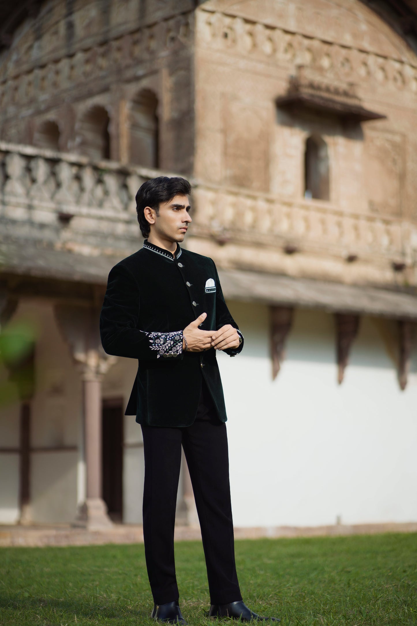 Bottle Green Velvet Embroidered Jodhpuri with Cutdana Work, Paired with Korean Pants