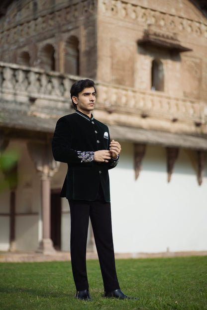 Bottle Green Velvet Embroidered Jodhpuri with Cutdana Work, Paired with Korean Pants