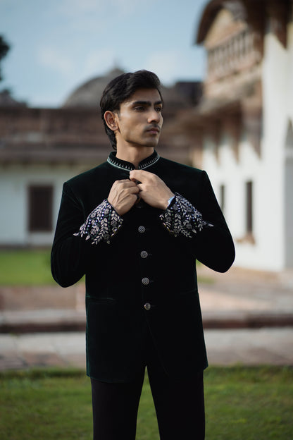 Bottle Green Velvet Embroidered Jodhpuri with Cutdana Work, Paired with Korean Pants