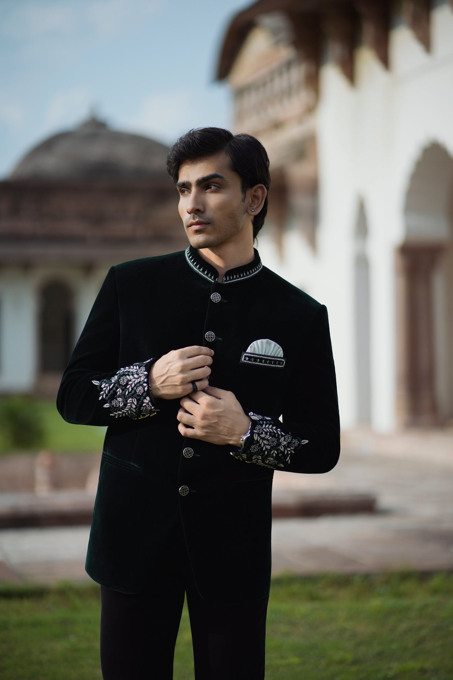 Bottle Green Velvet Embroidered Jodhpuri with Cutdana Work, Paired with Korean Pants
