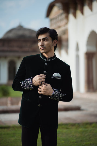 Bottle Green Velvet Embroidered Jodhpuri with Cutdana Work, Paired with Korean Pants