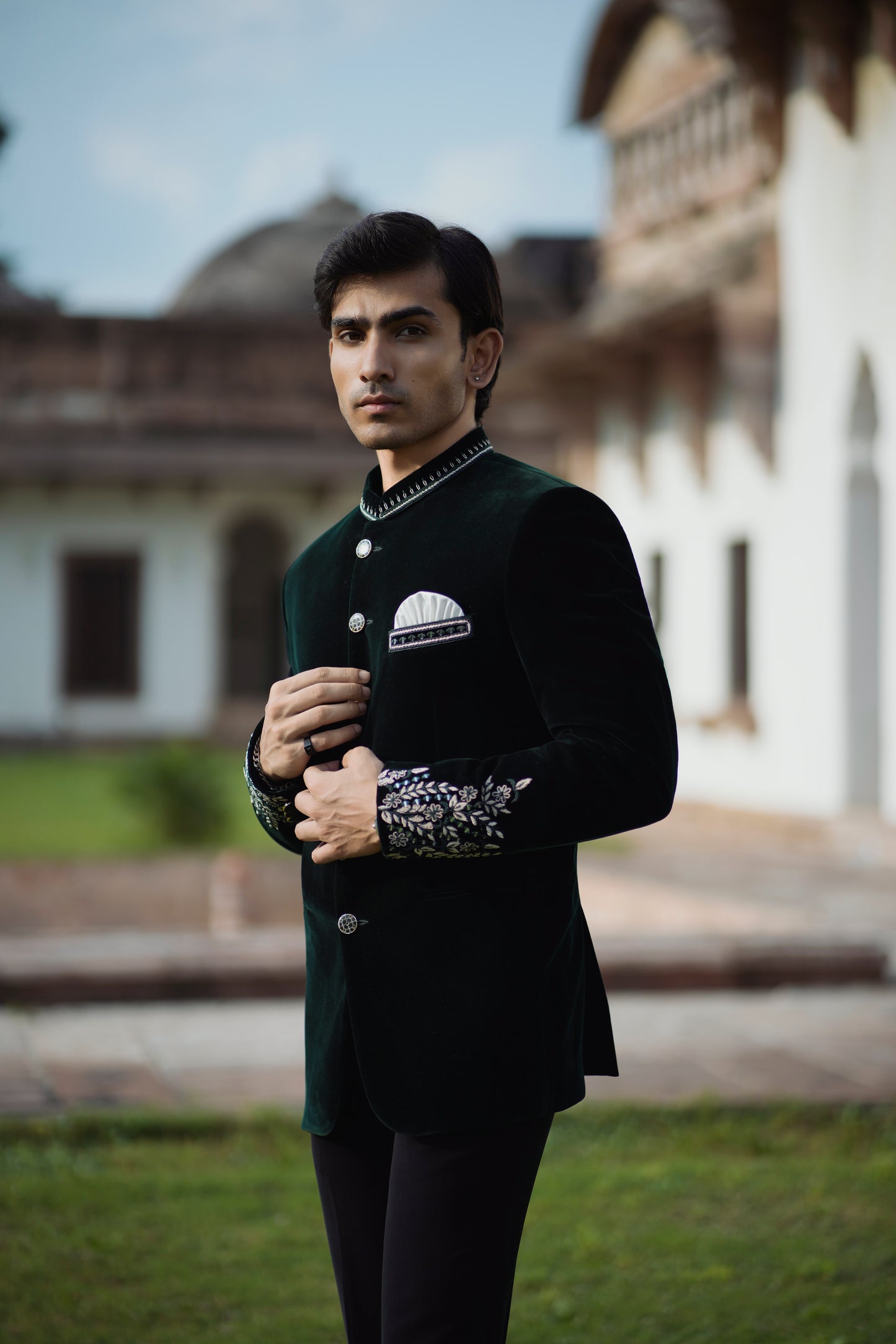 Bottle Green Velvet Embroidered Jodhpuri with Cutdana Work, Paired with Korean Pants