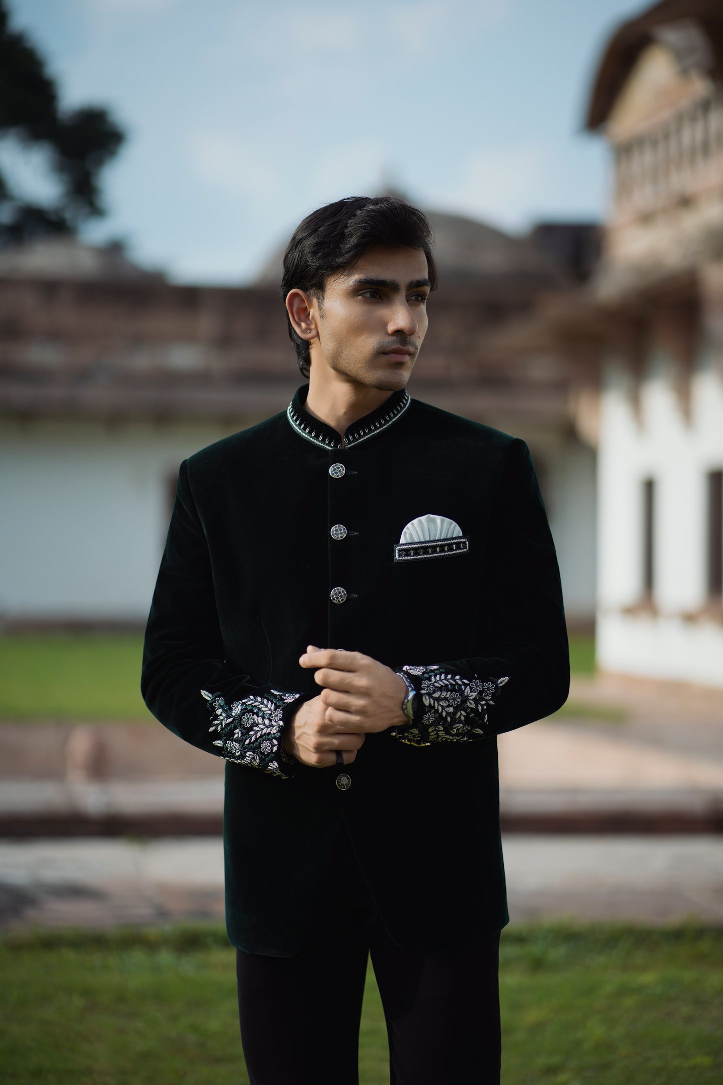 Bottle Green Velvet Embroidered Jodhpuri with Cutdana Work, Paired with Korean Pants