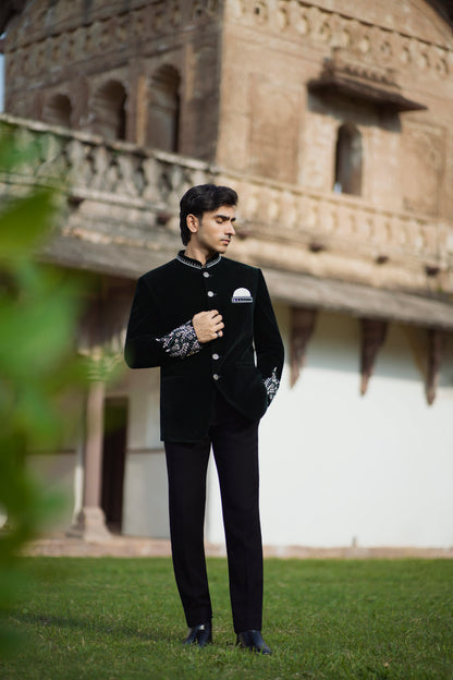 Bottle Green Velvet Embroidered Jodhpuri with Cutdana Work, Paired with Korean Pants