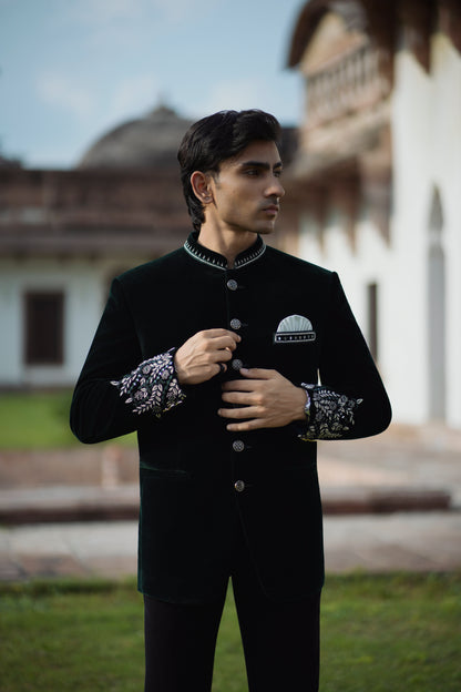 Bottle Green Velvet Embroidered Jodhpuri with Cutdana Work, Paired with Korean Pants