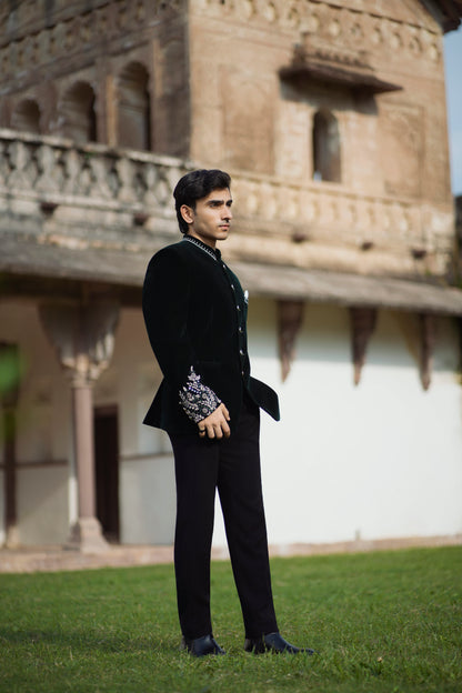Bottle Green Velvet Embroidered Jodhpuri with Cutdana Work, Paired with Korean Pants