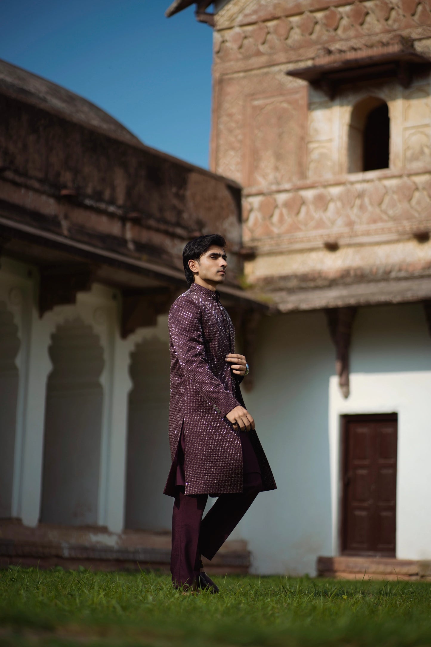 Burgundy 3-Piece Indo-Western Set with Metal Work Jacket, Kurta and Pants