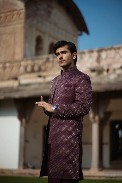 Burgundy 3-Piece Indo-Western Set with Metal Work Jacket, Kurta and Pants
