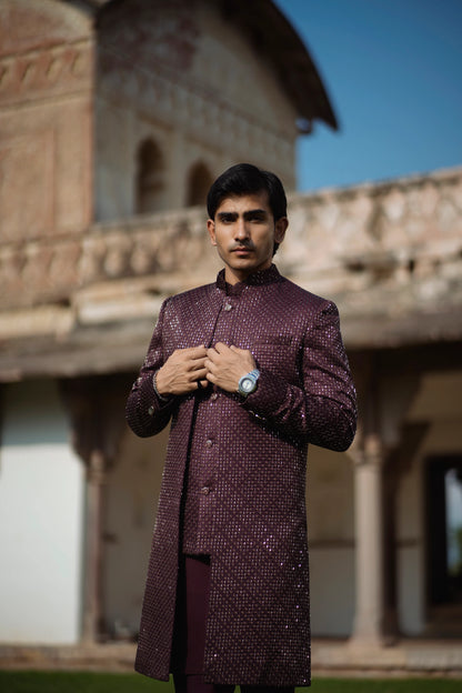 Burgundy 3-Piece Indo-Western Set with Metal Work Jacket, Kurta and Pants