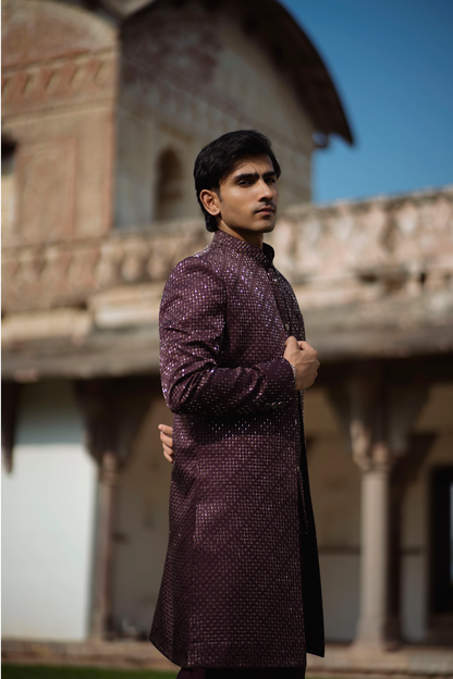 Burgundy 3-Piece Indo-Western Set with Metal Work Jacket, Kurta and Pants