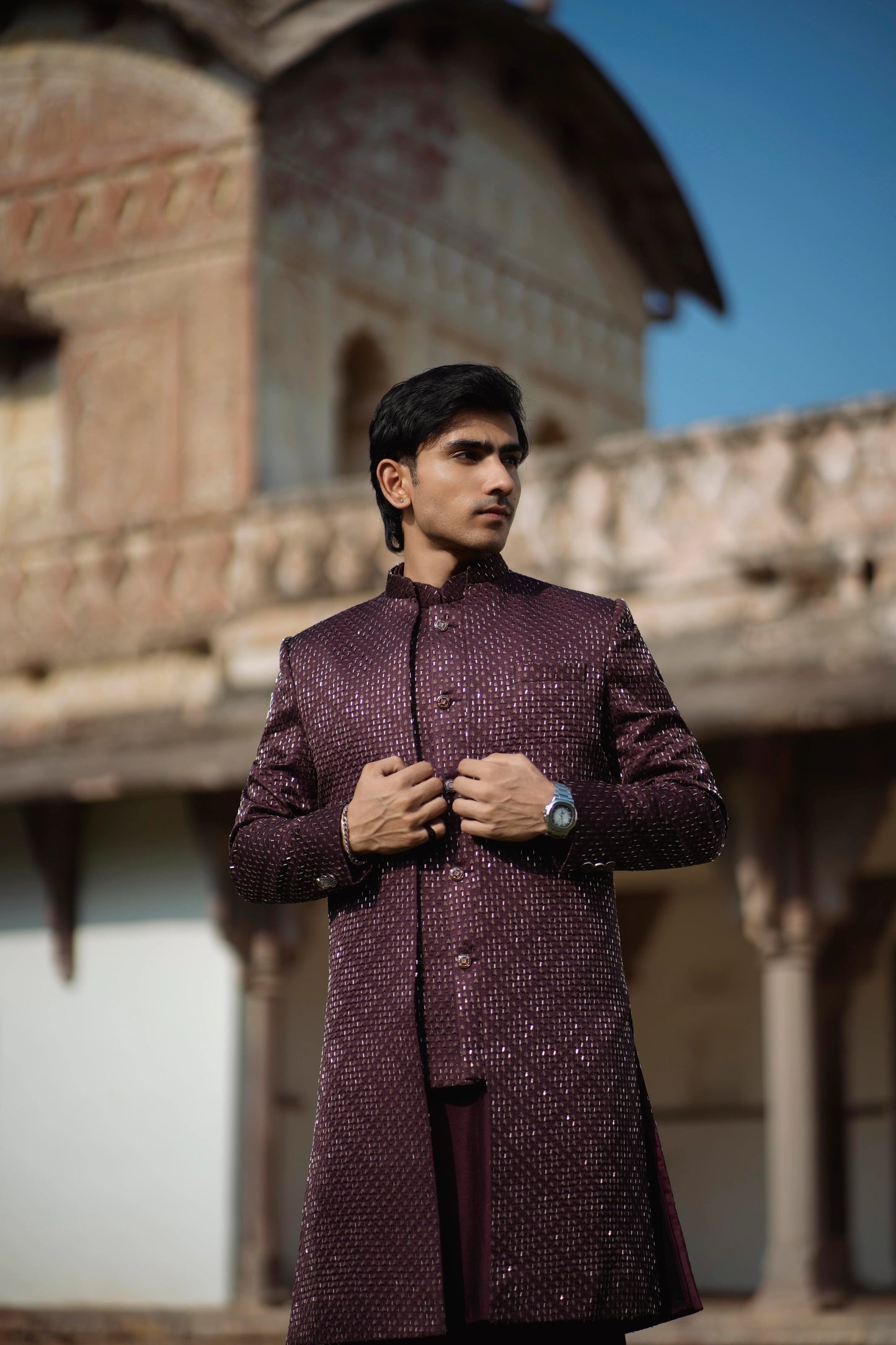 Burgundy 3-Piece Indo-Western Set with Metal Work Jacket, Kurta and Pants