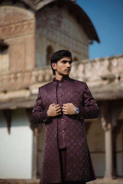 Burgundy 3-Piece Indo-Western Set with Metal Work Jacket, Kurta and Pants