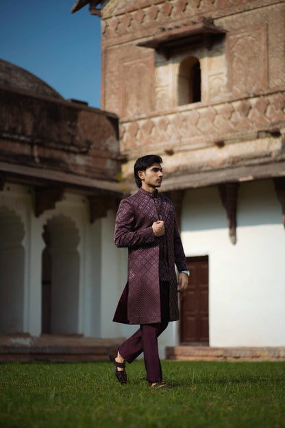 Burgundy 3-Piece Indo-Western Set with Metal Work Jacket, Kurta and Pants