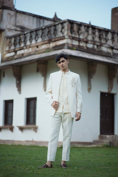 Cream White Zardozi Embroidered Jodhpuri with Matching Jacket and Pants