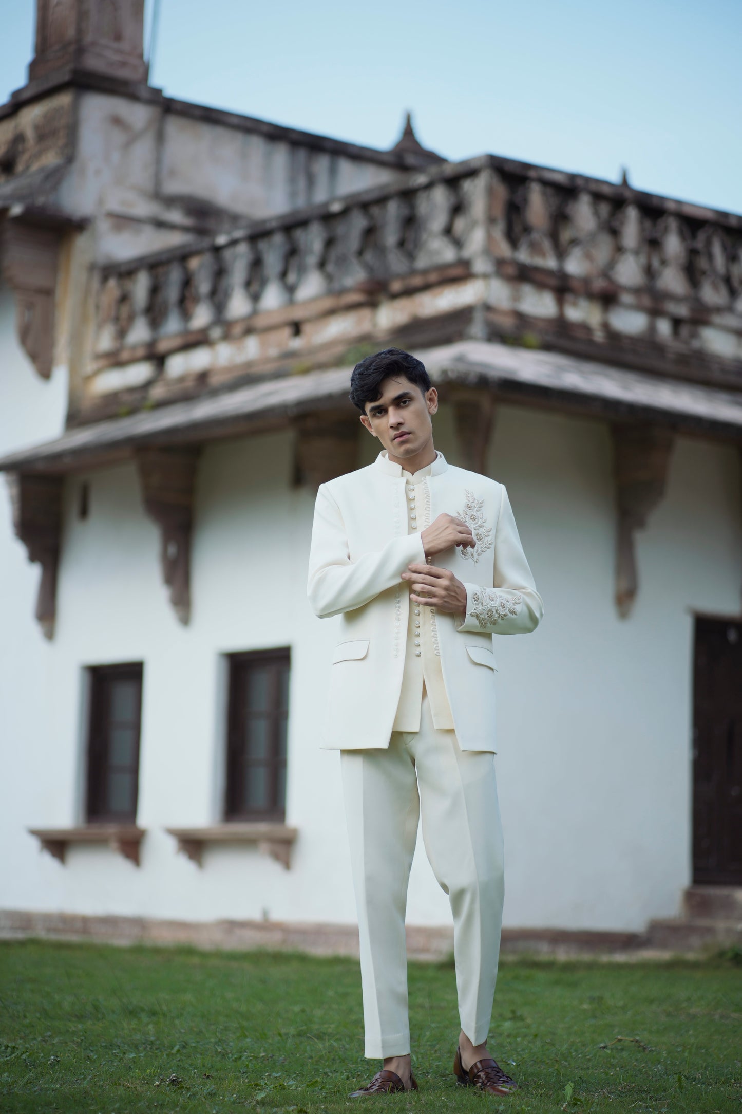 Cream White Zardozi Embroidered Jodhpuri with Matching Jacket and Pants