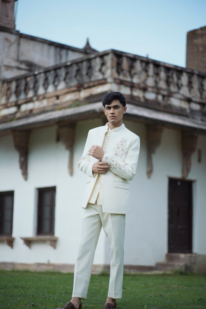 Cream White Zardozi Embroidered Jodhpuri with Matching Jacket and Pants