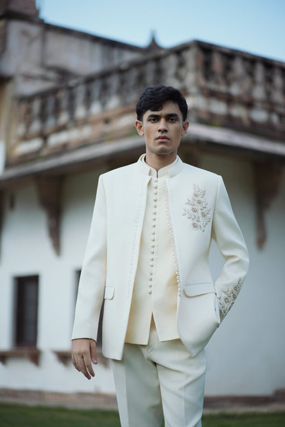 Cream White Zardozi Embroidered Jodhpuri with Matching Jacket and Pants