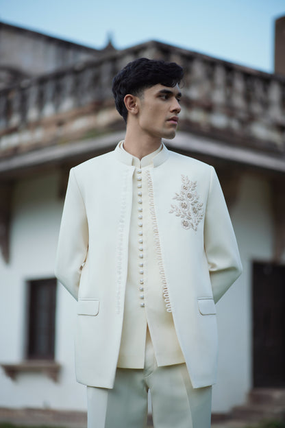 Cream White Zardozi Embroidered Jodhpuri with Matching Jacket and Pants