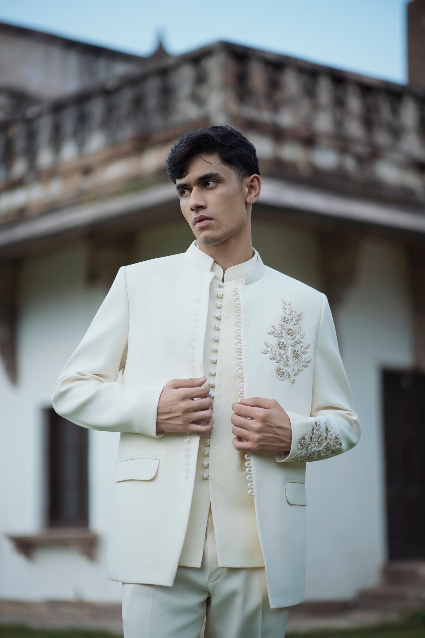 Cream White Zardozi Embroidered Jodhpuri with Matching Jacket and Pants