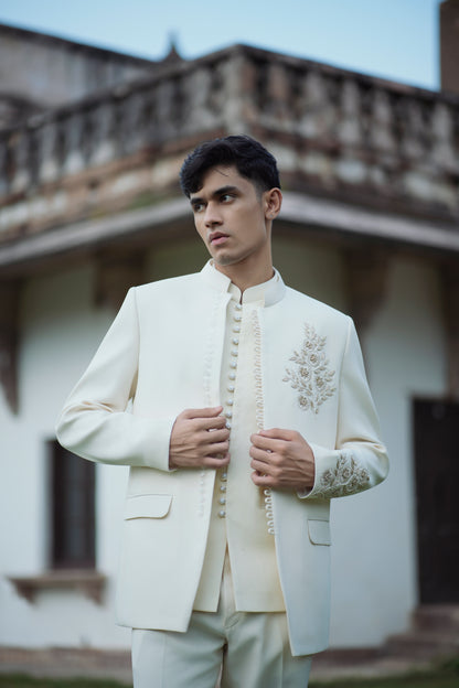 Cream White Zardozi Embroidered Jodhpuri with Matching Jacket and Pants