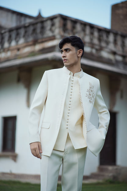 Cream White Zardozi Embroidered Jodhpuri with Matching Jacket and Pants