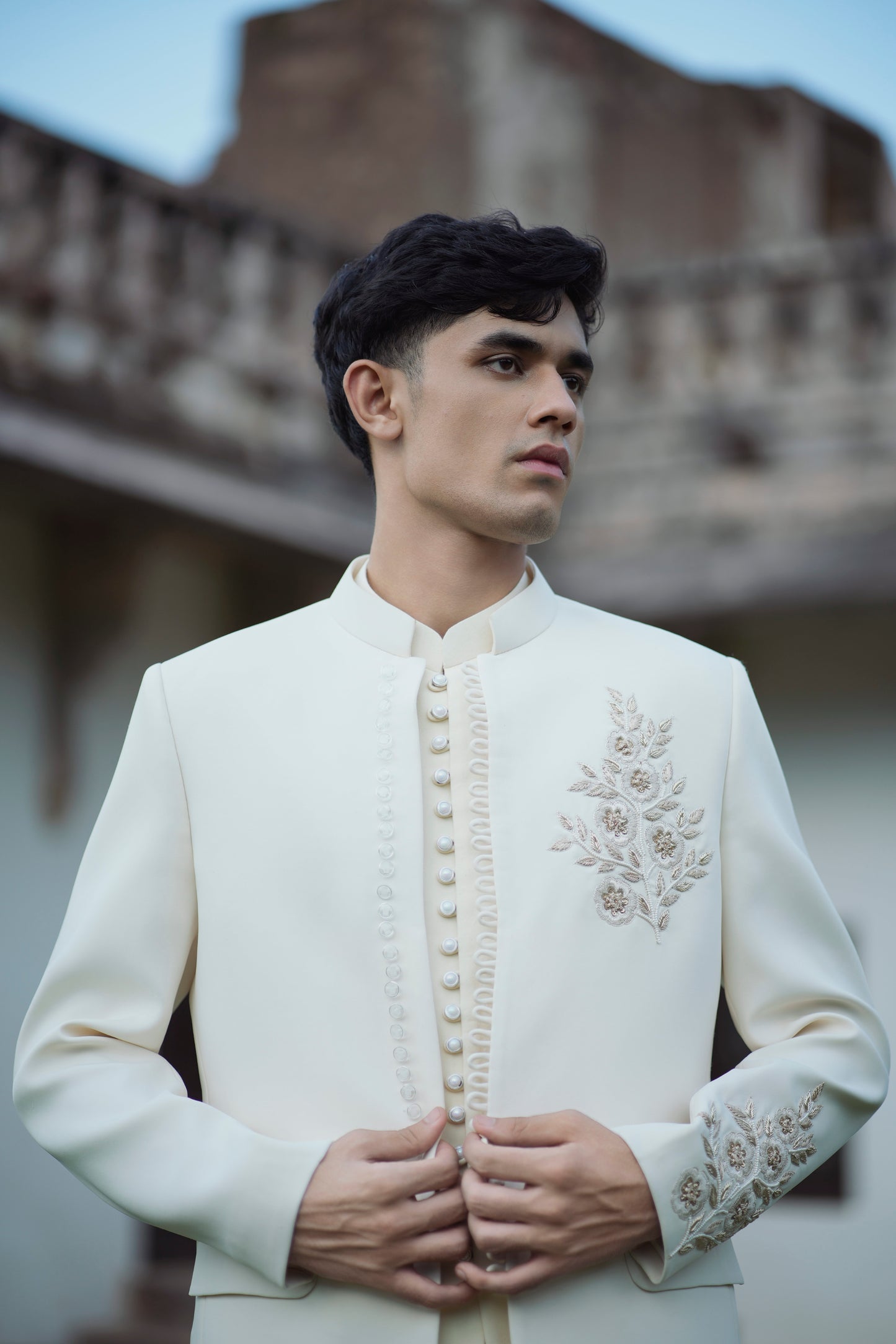 Cream White Zardozi Embroidered Jodhpuri with Matching Jacket and Pants