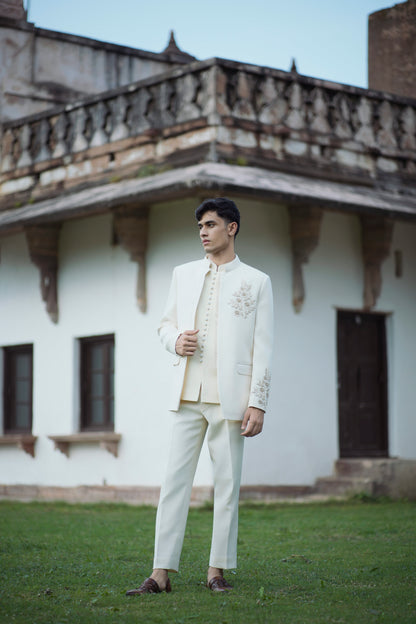 Cream White Zardozi Embroidered Jodhpuri with Matching Jacket and Pants