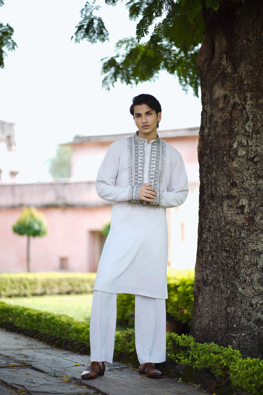 Premium White Silk Kurta Adorned with Cutdana Embroidery