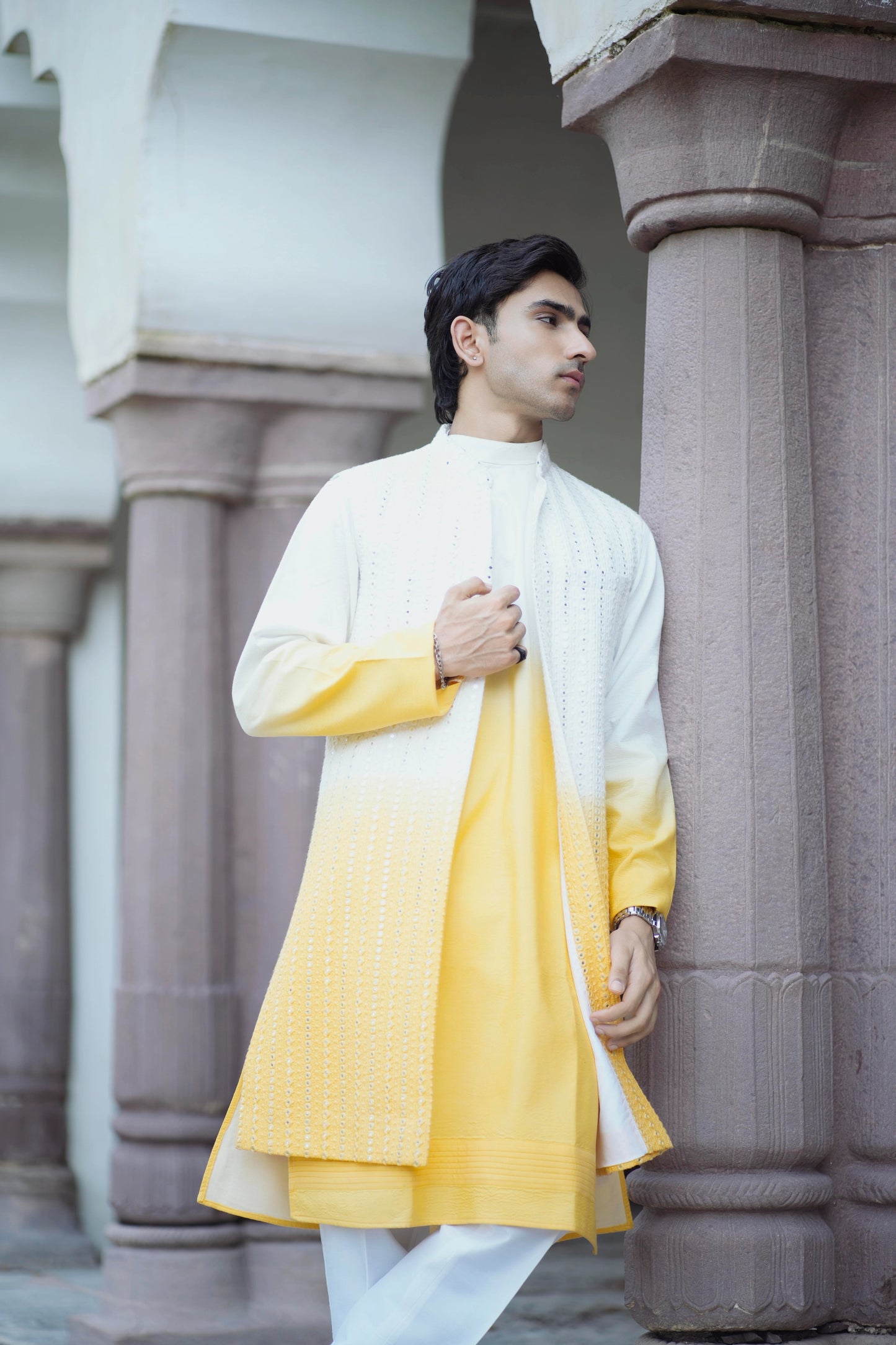 Haldi Indo-Western with Tie-Dye Mirror Work Jacket and Kurta, Paired with White Pants