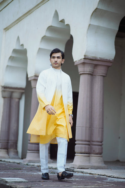 Haldi Indo-Western with Tie-Dye Mirror Work Jacket and Kurta, Paired with White Pants