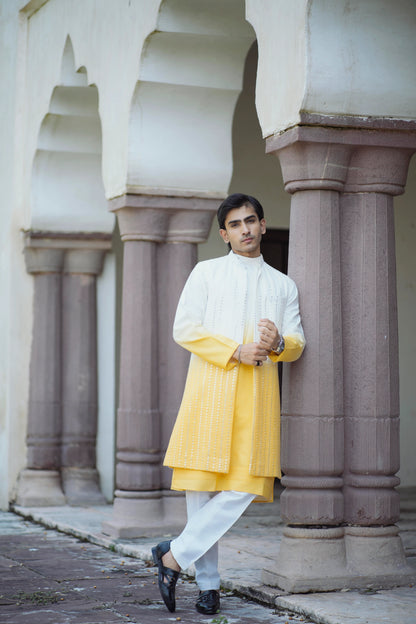 Haldi Indo-Western with Tie-Dye Mirror Work Jacket and Kurta, Paired with White Pants
