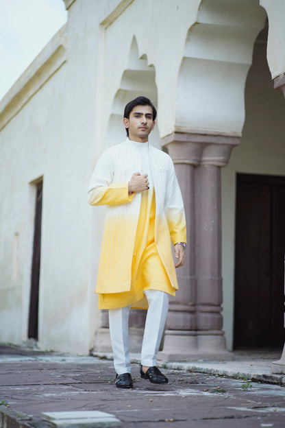 Haldi Indo-Western with Tie-Dye Mirror Work Jacket and Kurta, Paired with White Pants