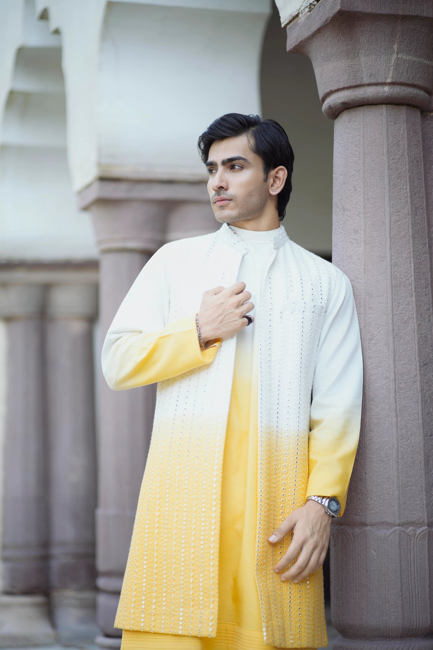 Haldi Indo-Western with Tie-Dye Mirror Work Jacket and Kurta, Paired with White Pants