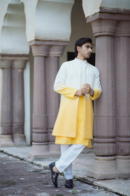 Haldi Indo-Western with Tie-Dye Mirror Work Jacket and Kurta, Paired with White Pants