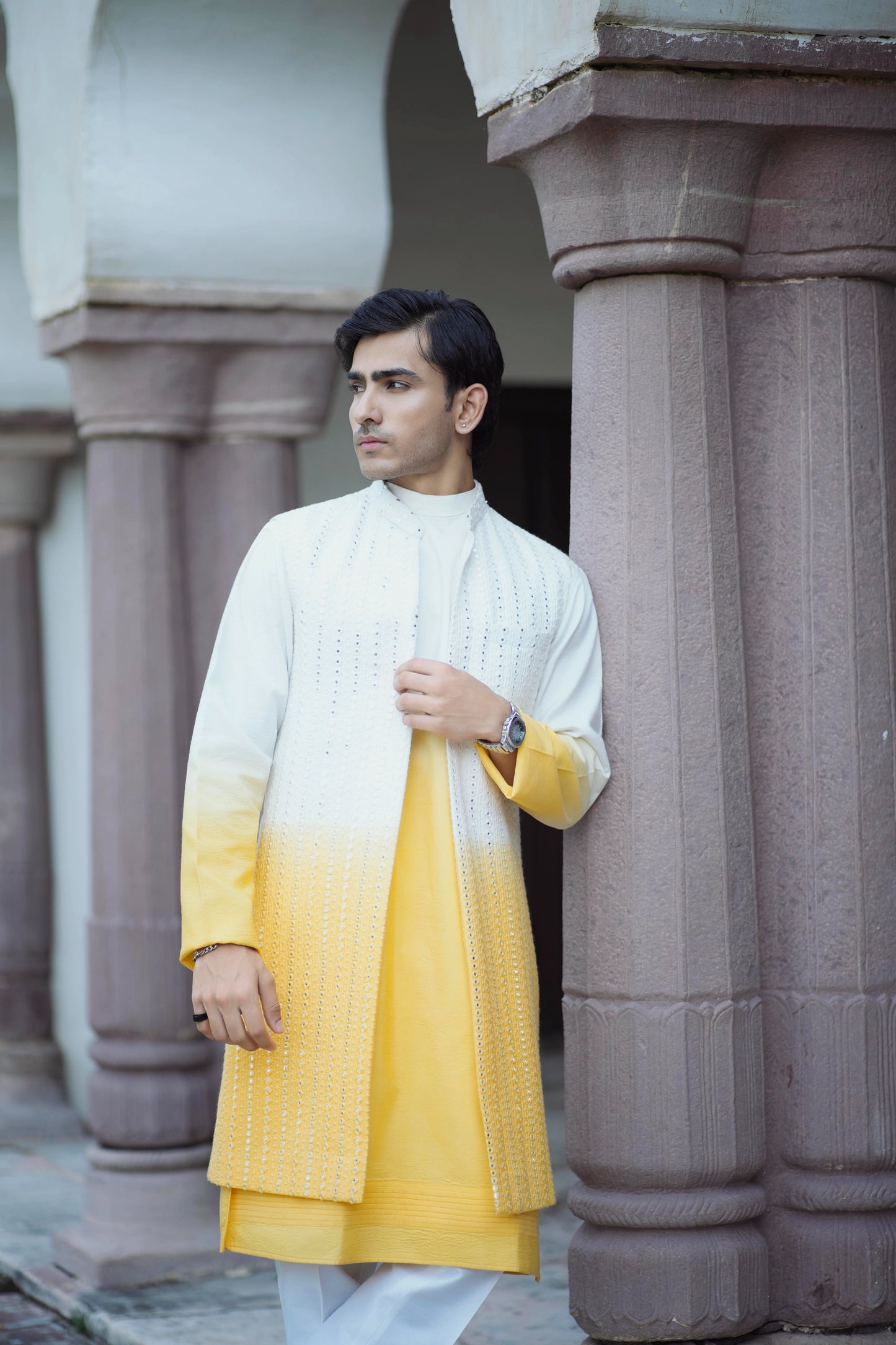 Haldi Indo-Western with Tie-Dye Mirror Work Jacket and Kurta, Paired with White Pants