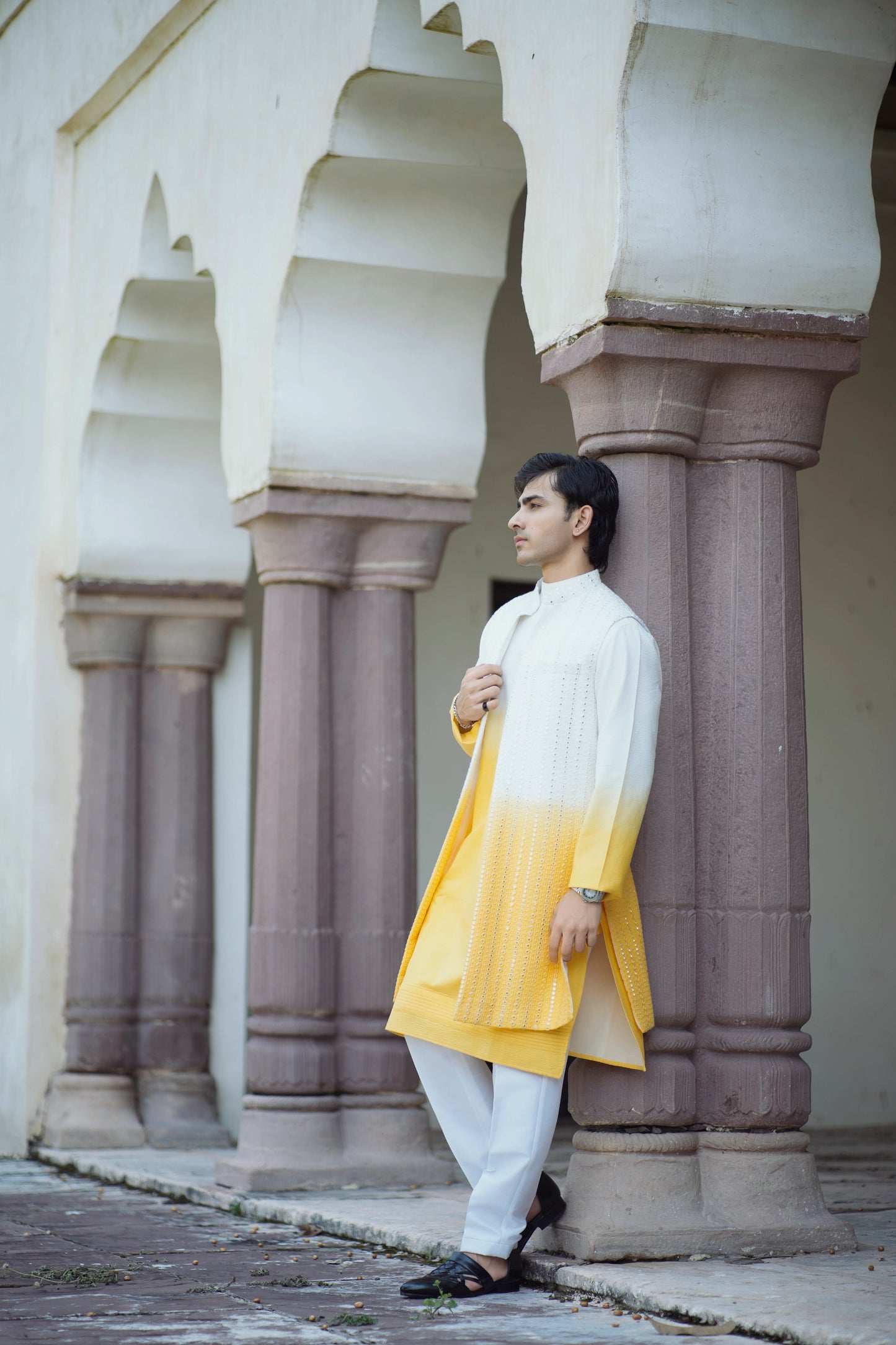 Haldi Indo-Western with Tie-Dye Mirror Work Jacket and Kurta, Paired with White Pants