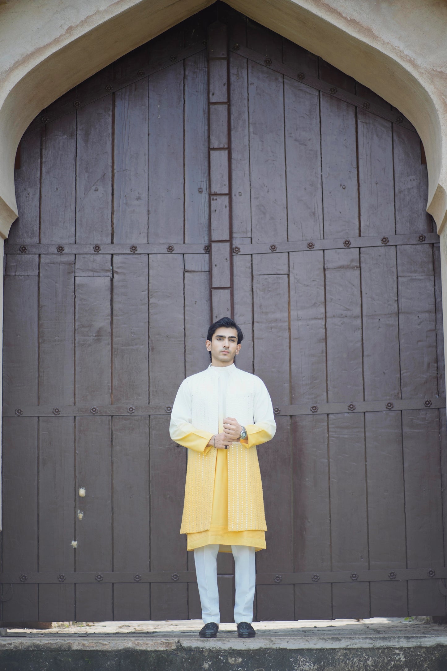 Haldi Indo-Western with Tie-Dye Mirror Work Jacket and Kurta, Paired with White Pants