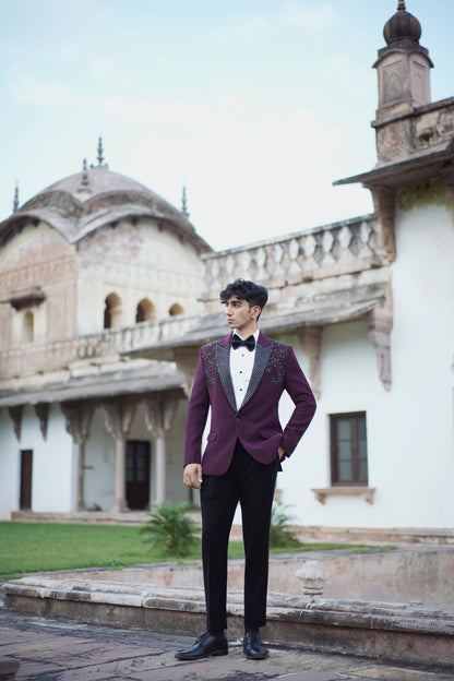 Designer Maroon Tuxedo Featuring Intricate Floral Embroidery and Korean Pants