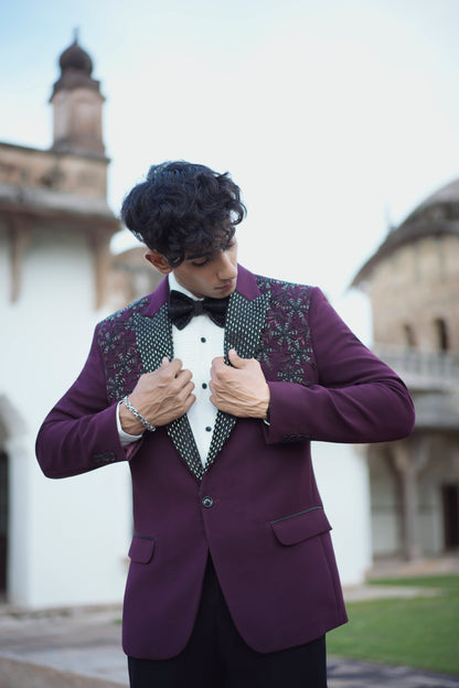 Designer Maroon Tuxedo Featuring Intricate Floral Embroidery and Korean Pants