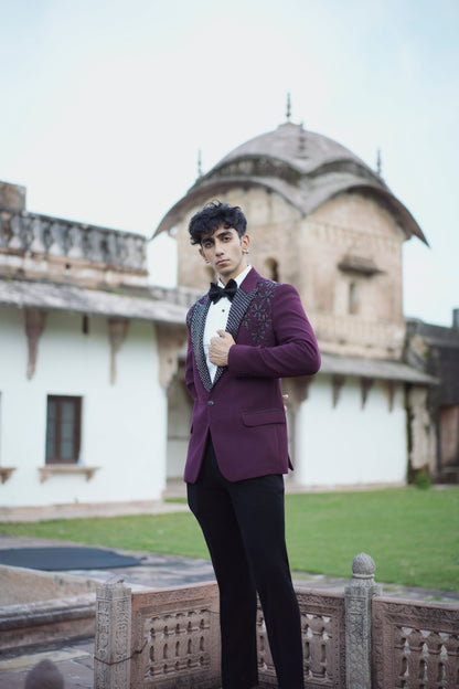 Designer Maroon Tuxedo Featuring Intricate Floral Embroidery and Korean Pants