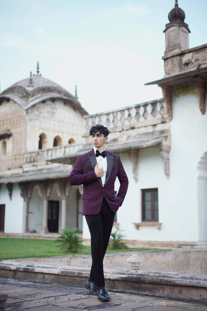 Designer Maroon Tuxedo Featuring Intricate Floral Embroidery and Korean Pants