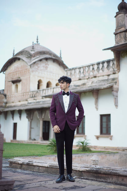 Designer Maroon Tuxedo Featuring Intricate Floral Embroidery and Korean Pants