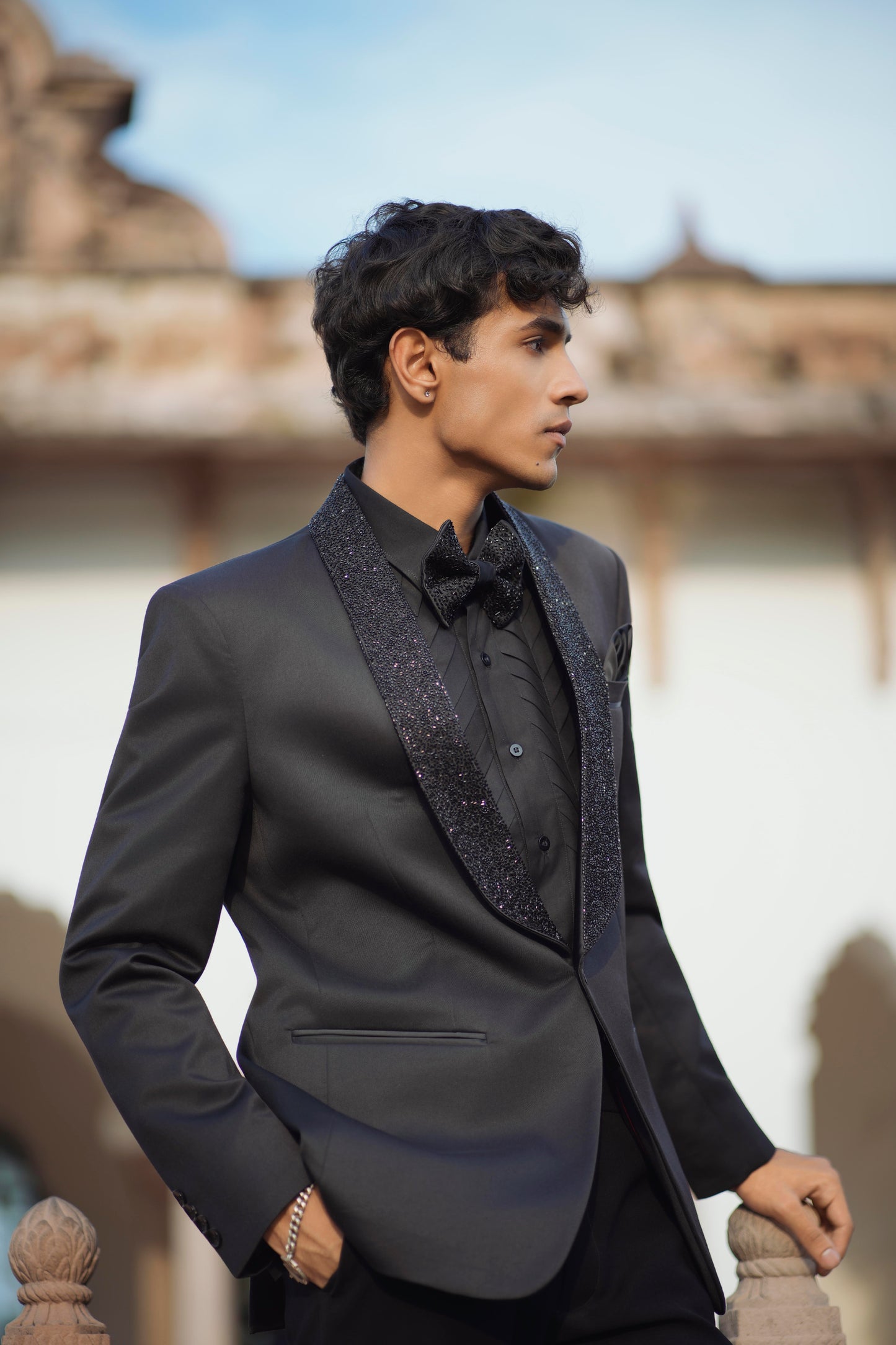Essential Black Tuxedo with Hand-Embroidered Collar, Paired with Black Shirt and Trousers